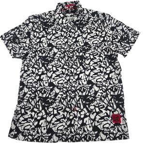 Nicole Miller Button Up Shirt Black White Graffiti Large Short Sleeve Streetwear